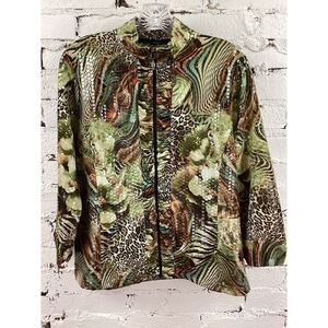 Toni Morgan Jacket Women's L Short Full Zip Floral Animal Print Clear Sequins